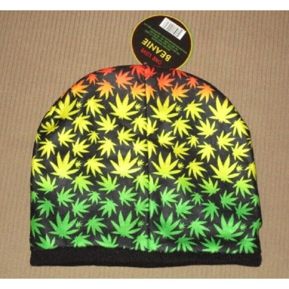 New Rasta One Love Hat Adult Gift Beanie Winter Pot Leaves Marijuana Soft Warm - Picture 2 of 3